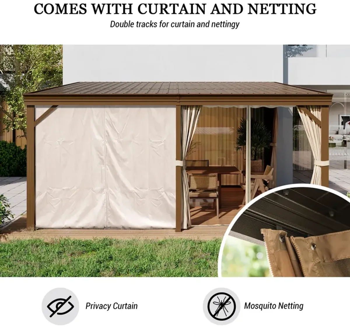 MONDAWE 12x16FT Lean to Gazebo, Hardtop Wall Mounted Gazebo with Sloping Galvanized Steel Roof, Aluminum Frame, Drainage System, Curtains and Netting