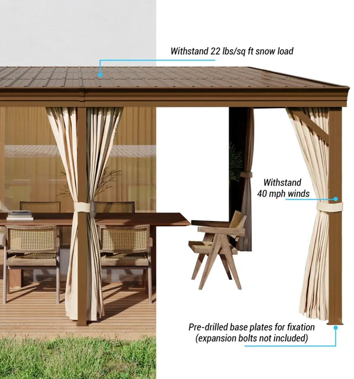 MONDAWE 12x16FT Lean to Gazebo, Hardtop Wall Mounted Gazebo with Sloping Galvanized Steel Roof, Aluminum Frame, Drainage System, Curtains and Netting