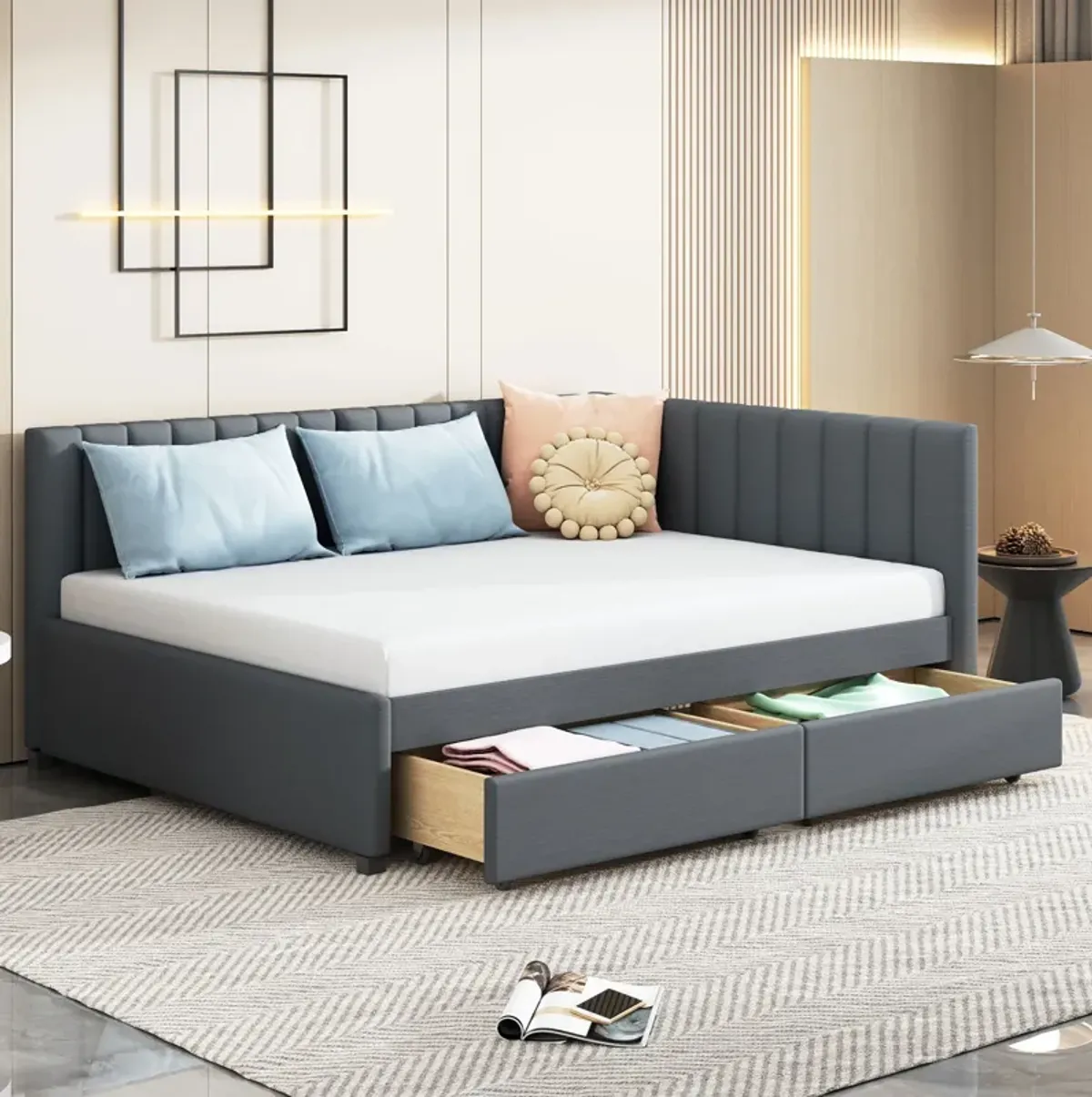 Whisen Classic Design Full Size Upholstered Daybed with 2 Storage Drawers