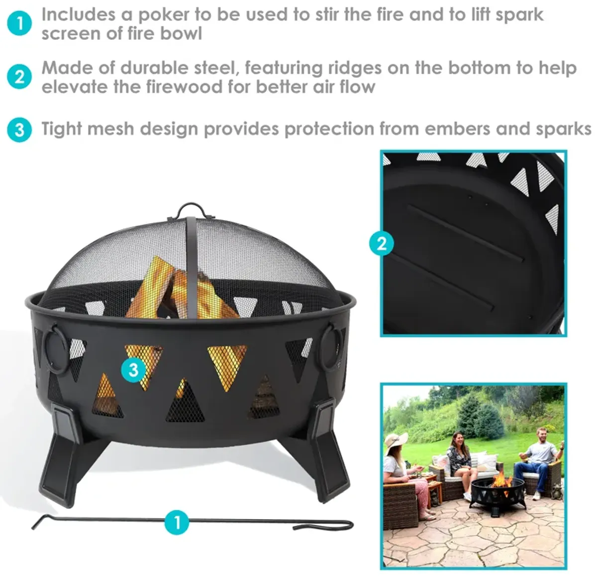 Sunnydaze 34 in Nordic-Inspired Steel Fire Pit with Spark Screen and Poker