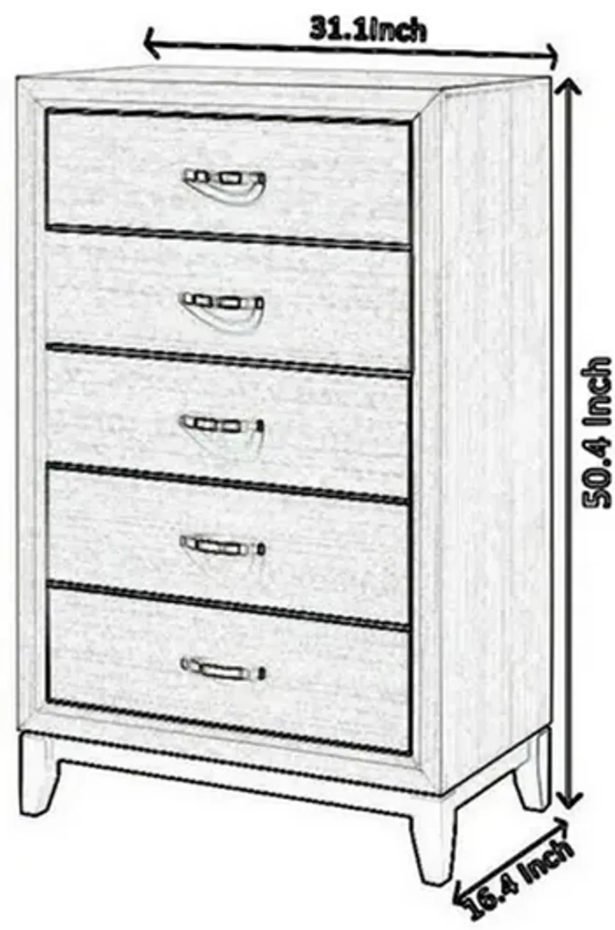 Transitional 5 Drawer Chest with Curved Handle and Chamfered Feet, White - Benzara