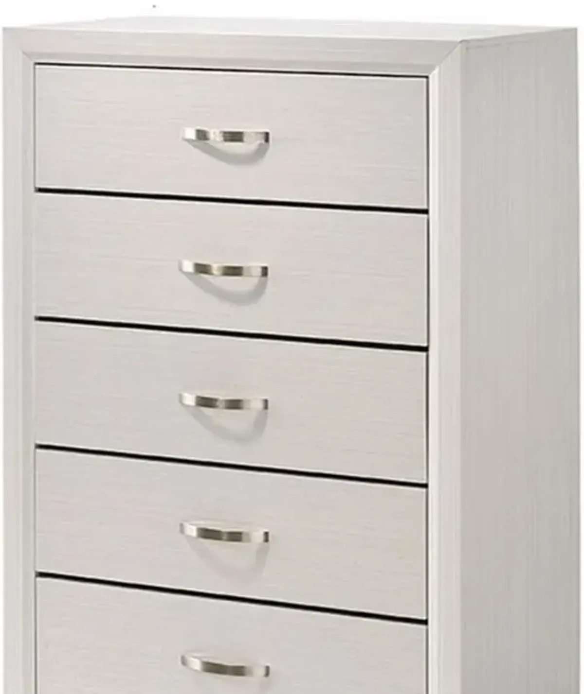 Transitional 5 Drawer Chest with Curved Handle and Chamfered Feet, White - Benzara