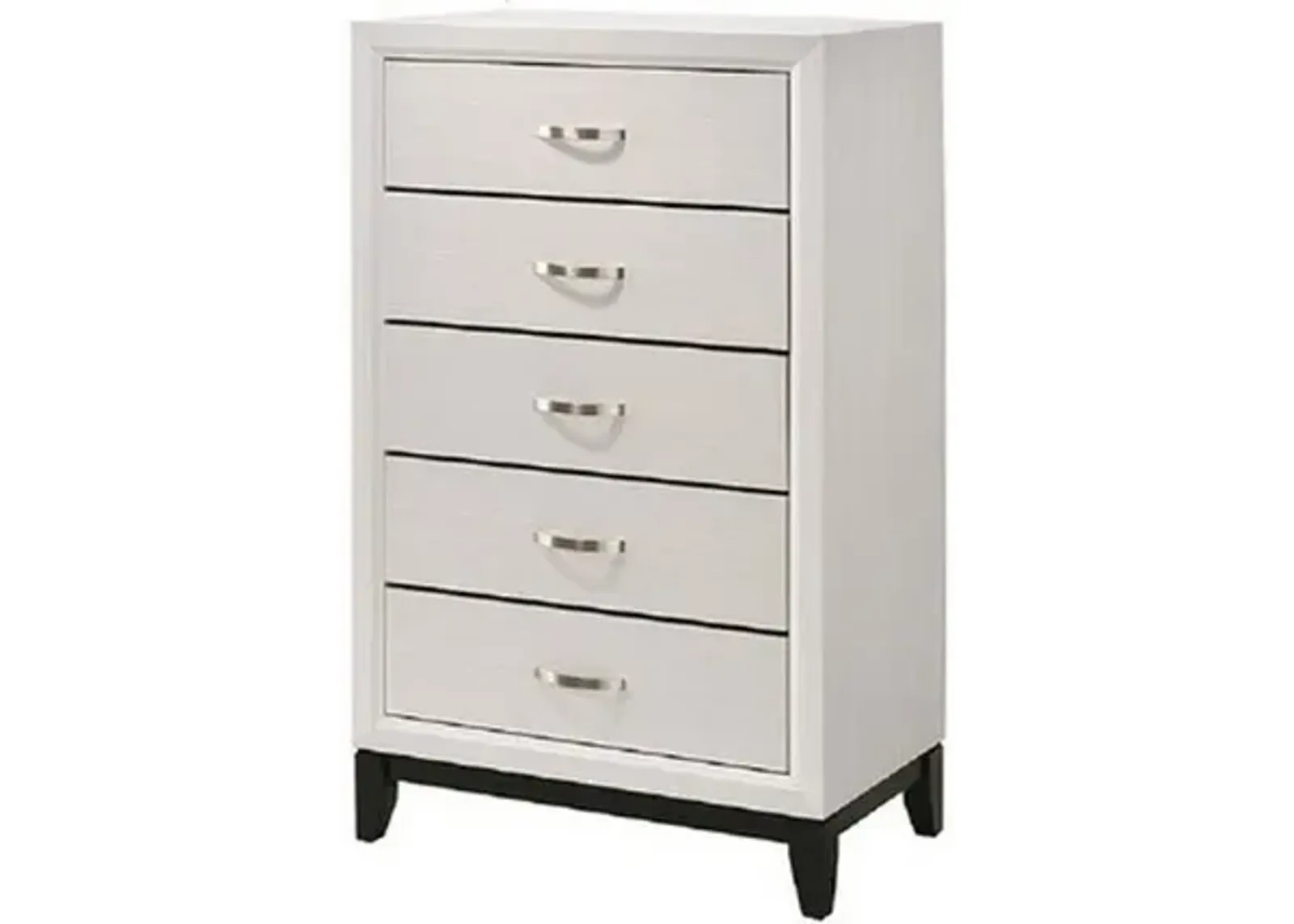 Transitional 5 Drawer Chest with Curved Handle and Chamfered Feet, White - Benzara