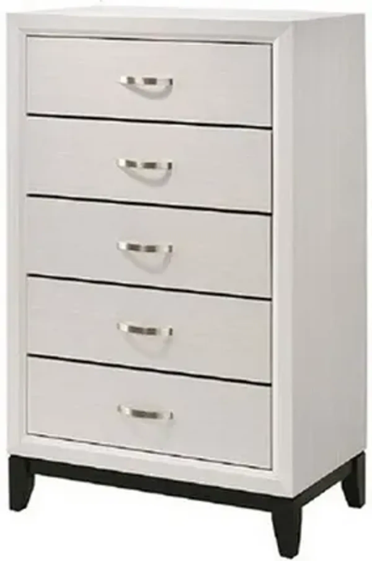 Transitional 5 Drawer Chest with Curved Handle and Chamfered Feet, White - Benzara