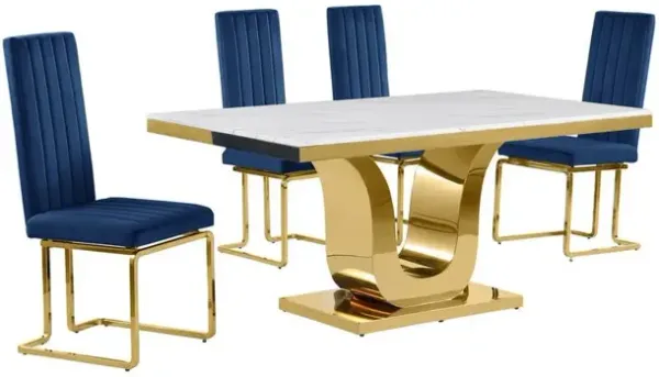 5pc Small(66") marble top dining set with gold base and 4 Navy blue chairs