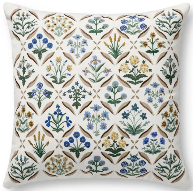 PRP0055 Estee White/Multi 22''x22'' Down Pillow by Rifle Paper Co. × Loloi