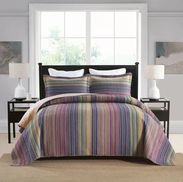Marcielo 3Pcs 100% Cotton Quilt Bedspread Set Reversible Bedding Striped King