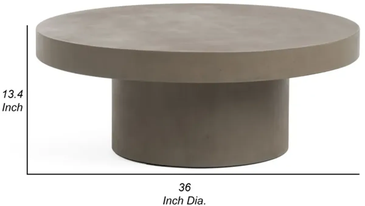 36 Inch Coffee Table, Concrete Round Top, Thick Pillar Padestal Base, Gray - Benzara