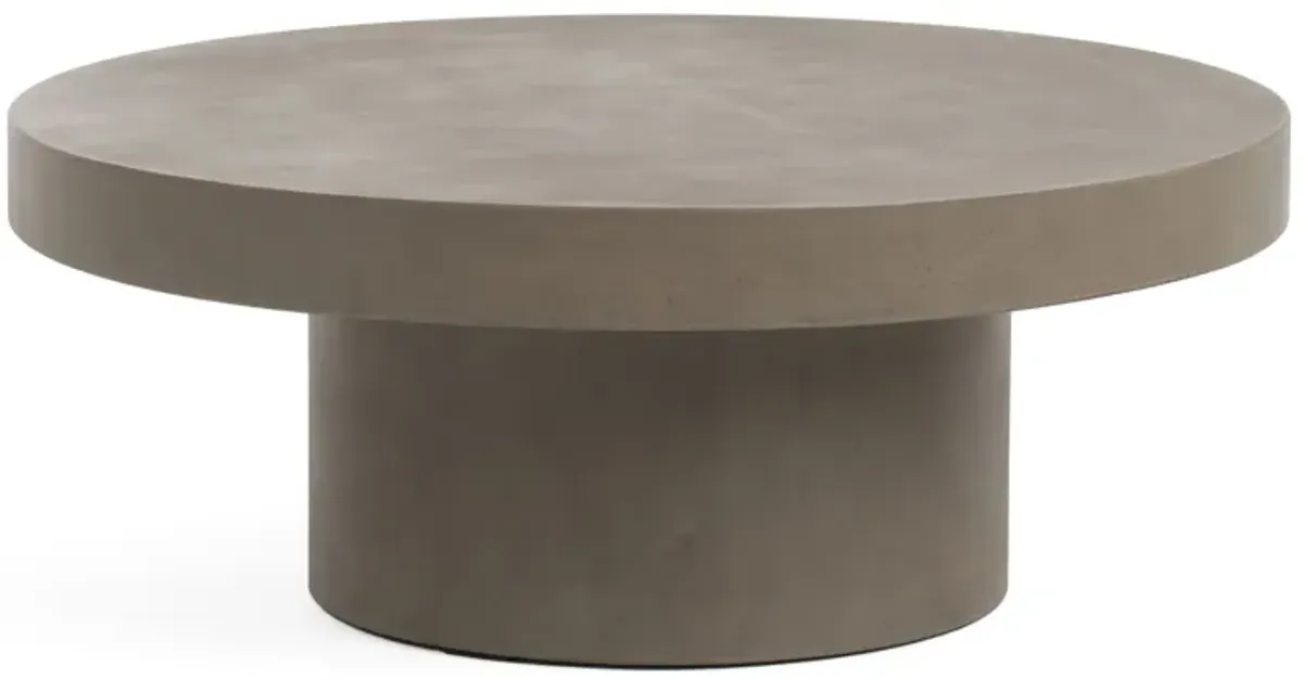 36 Inch Coffee Table, Concrete Round Top, Thick Pillar Padestal Base, Gray - Benzara