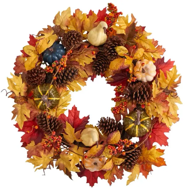 Nearly Natural 26-in Fall Pumpkin, Gourd, Pinecone and Maple Leaf Artificial Autumn Wreath