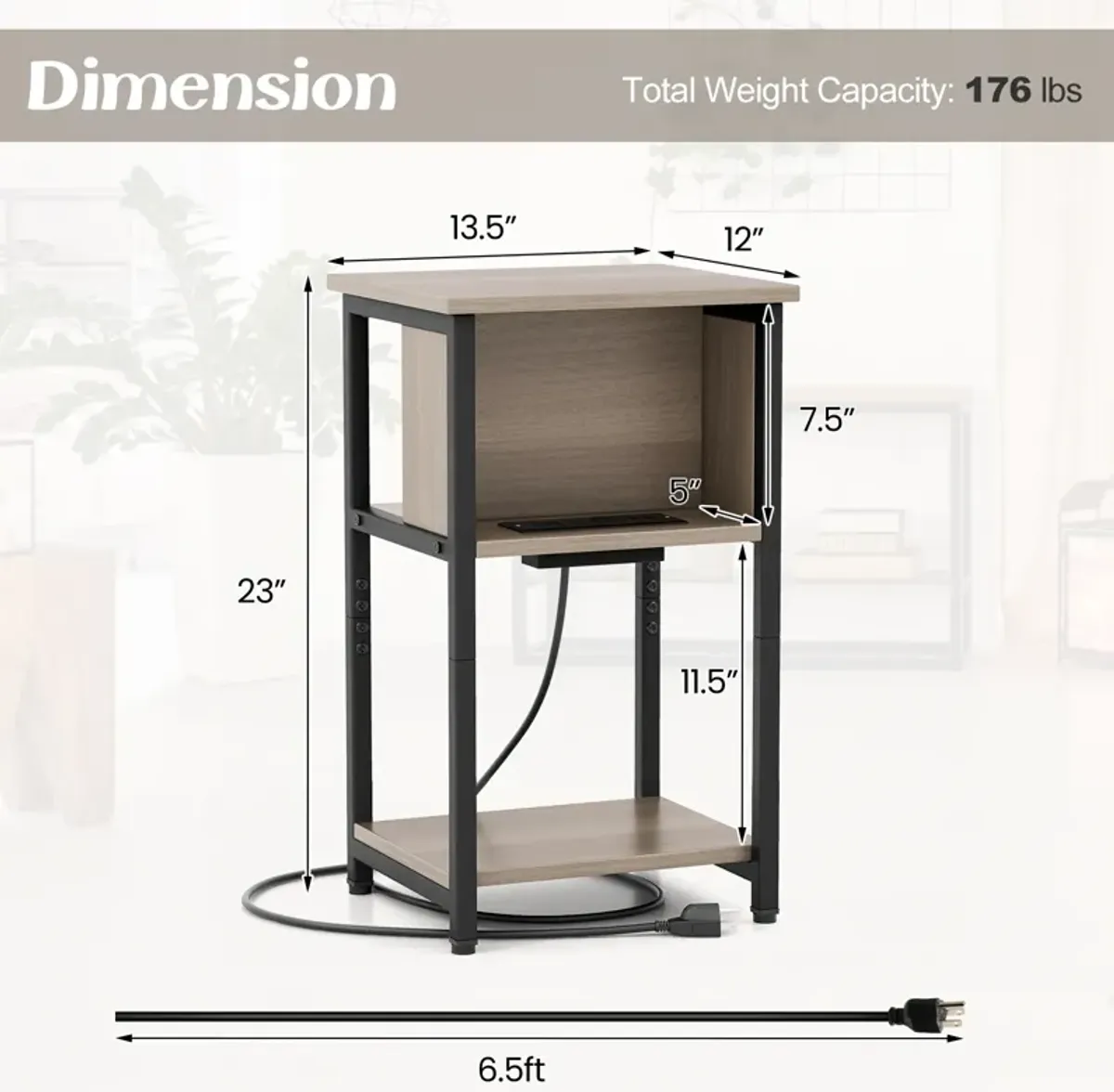 3-Tier End Table with USB Ports & Power Outlets-1 Piece