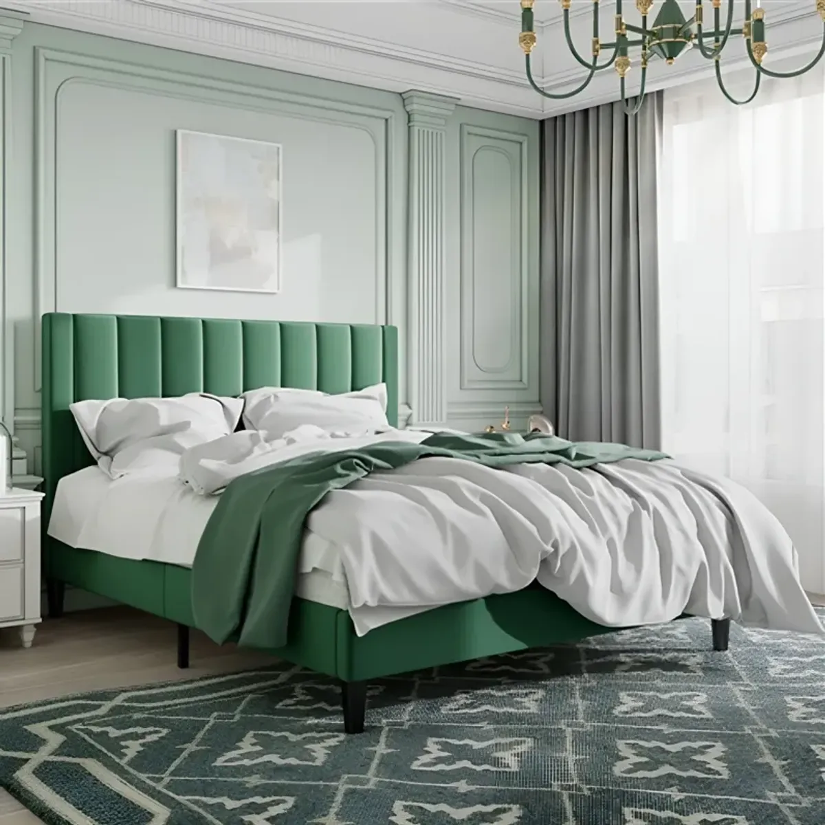 Velvet Upholstered Platform Bed with Headboard Stylish and Durable Design