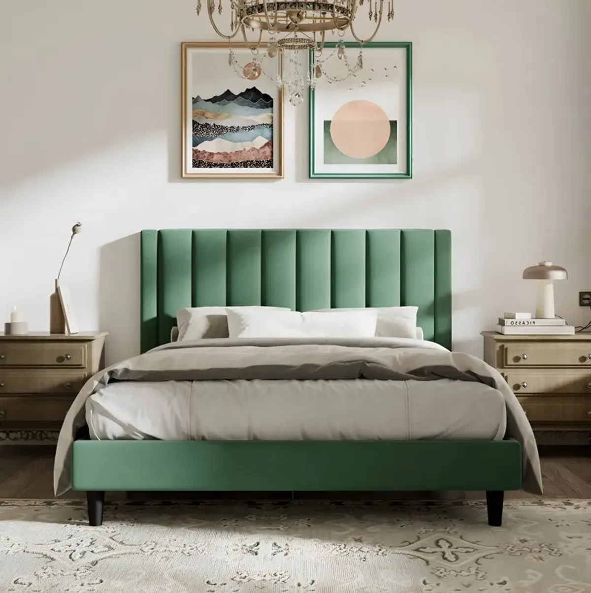 Velvet Upholstered Platform Bed with Headboard Stylish and Durable Design