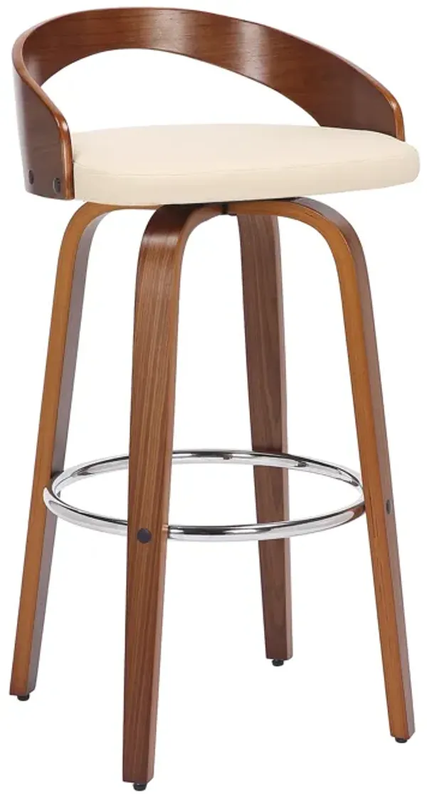 Sonia Bar Height Swivel Brown Faux Leather and Walnut Wood Bar Stool