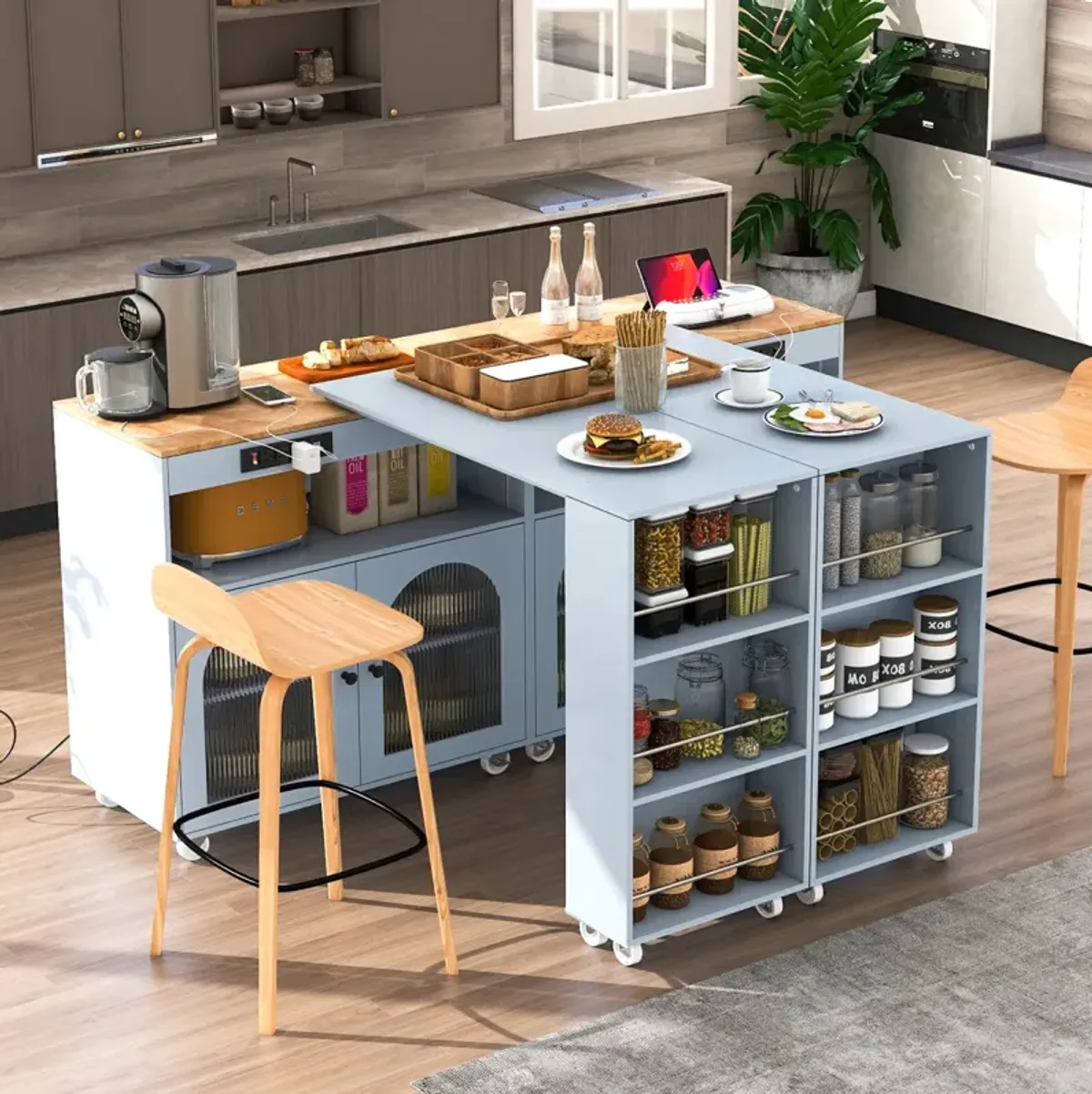 Portable Kitchen Island with LED Lights & Storage