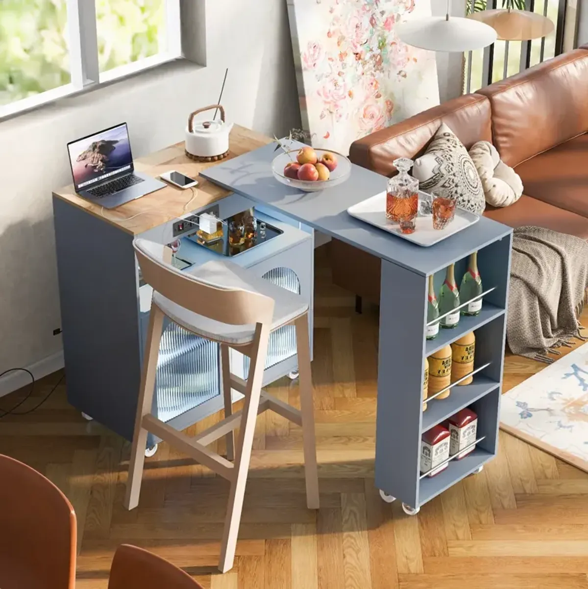 Portable Kitchen Island with LED Lights & Storage