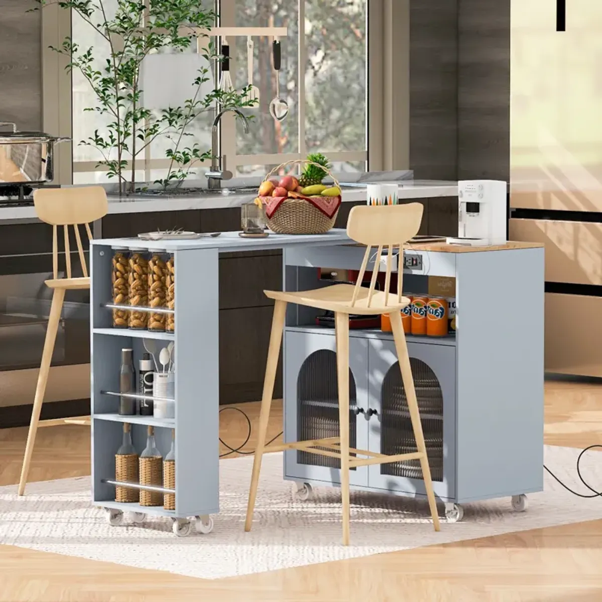 Portable Kitchen Island with LED Lights & Storage