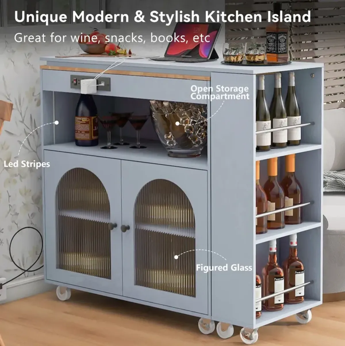 Portable Kitchen Island with LED Lights & Storage