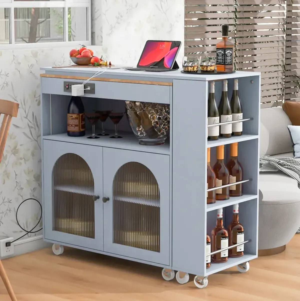 Portable Kitchen Island with LED Lights & Storage