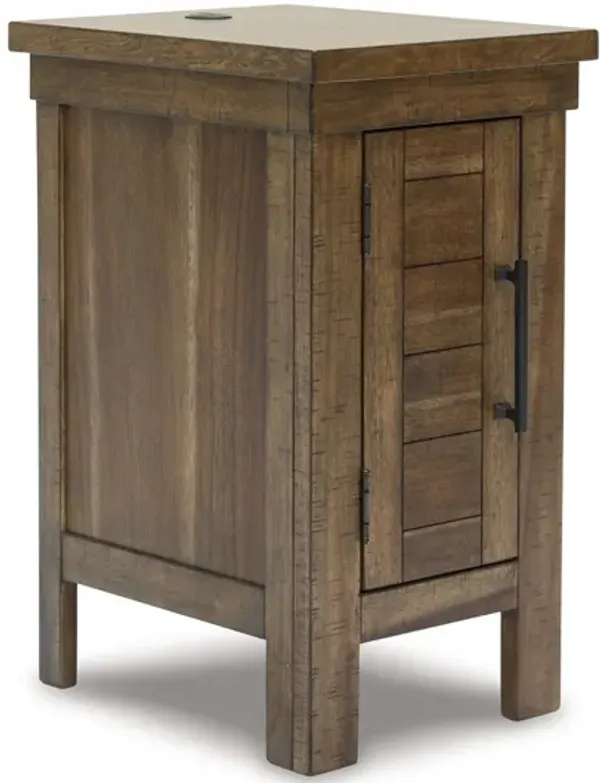 Chip Chairside End Table, Cabinet, 2 USB Ports, 17 Inch Brown Wood - Benzara