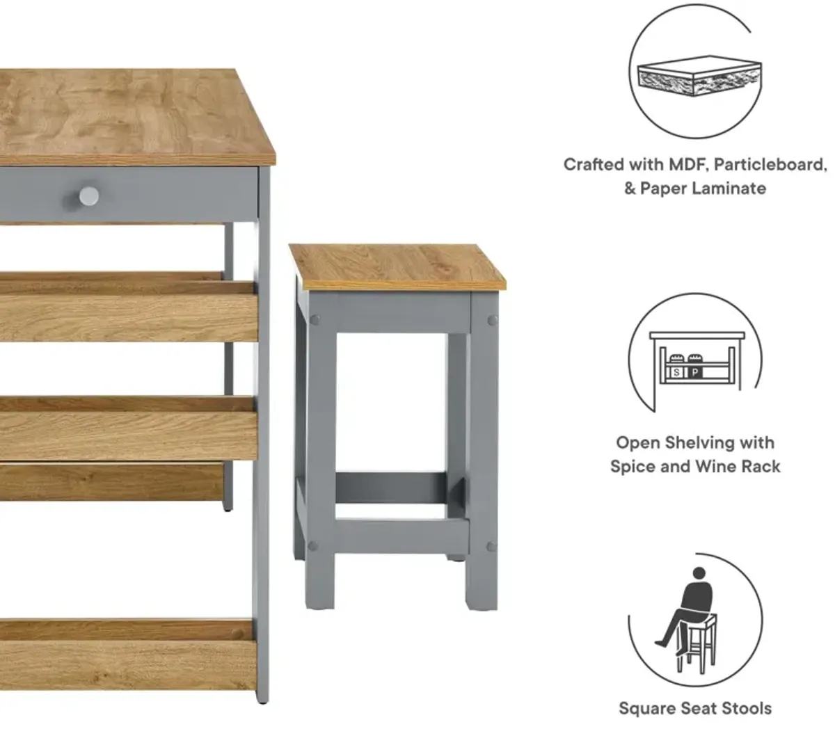 Galley 3-Piece Kitchen Island and Stool Set