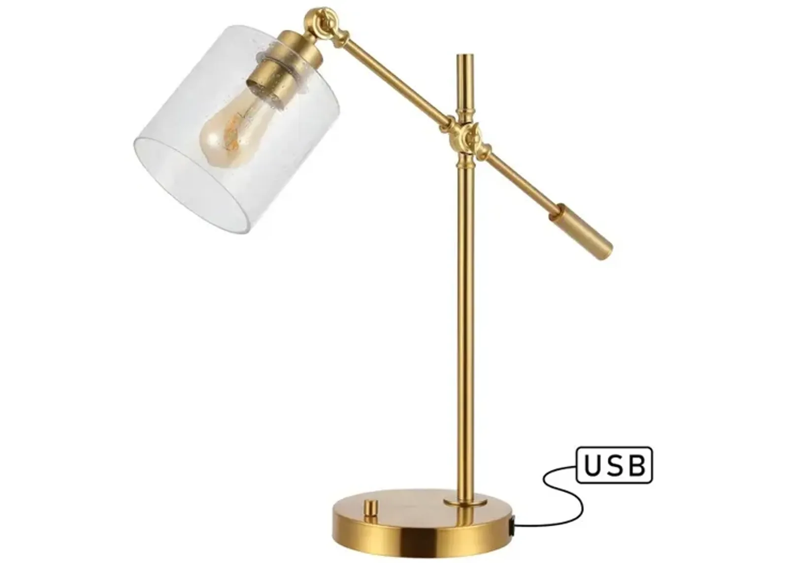 Kathryn Classic 23" Iron/Seeded Glass Adjustable Head Modern USB Charging LED Task Lamp, Brass Gold