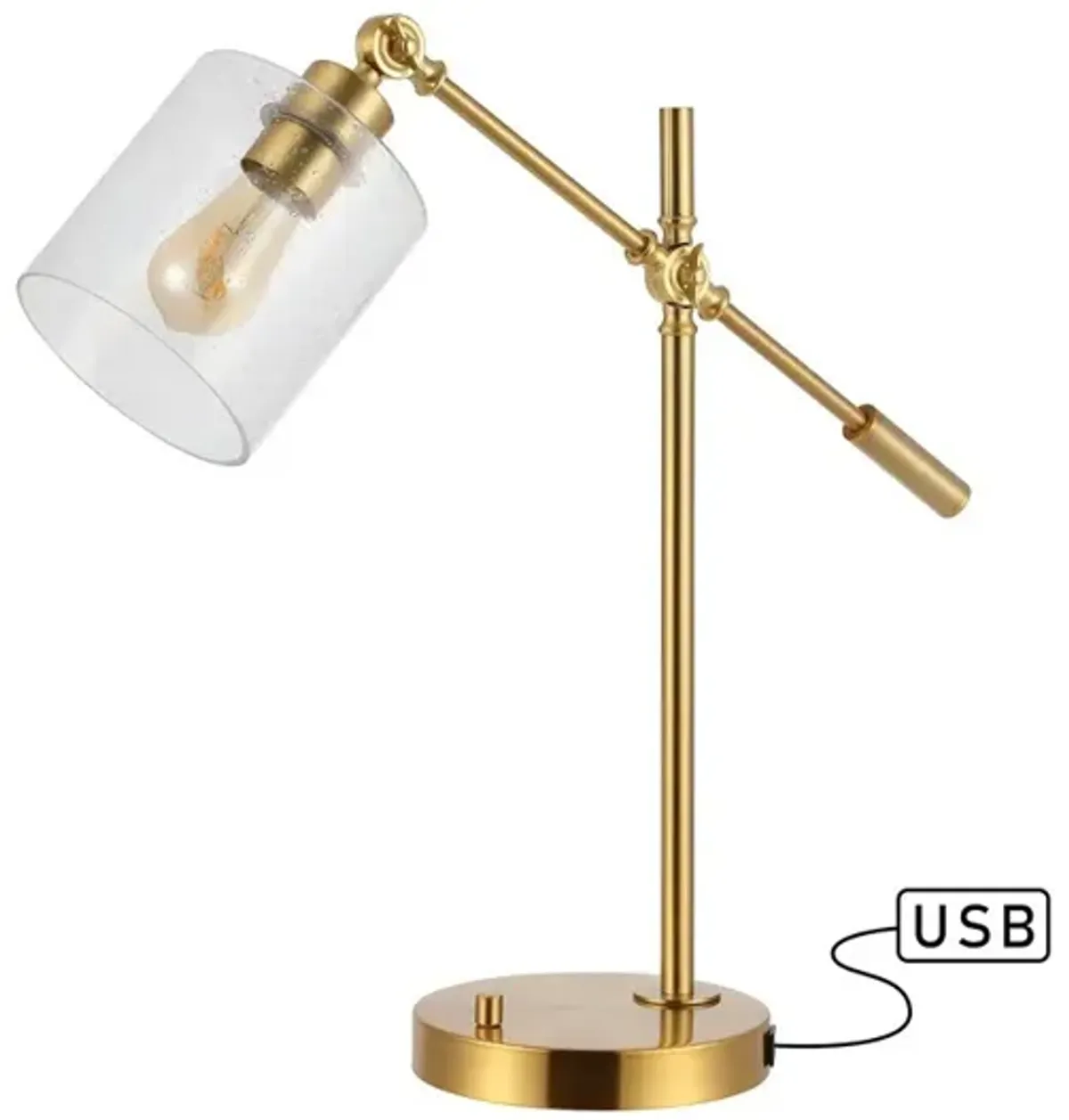 Kathryn Classic 23" Iron/Seeded Glass Adjustable Head Modern USB Charging LED Task Lamp, Brass Gold