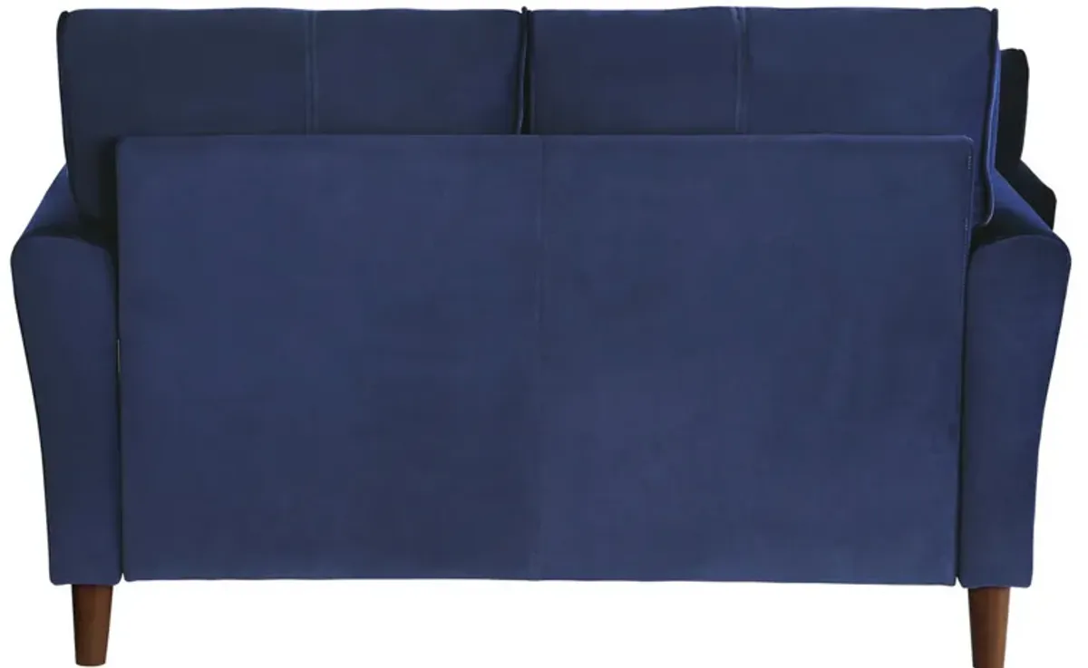 Sarah 57 Inch Loveseat, Blue Velvet, Stitch Tufting, Reversible Cushions - Benzara