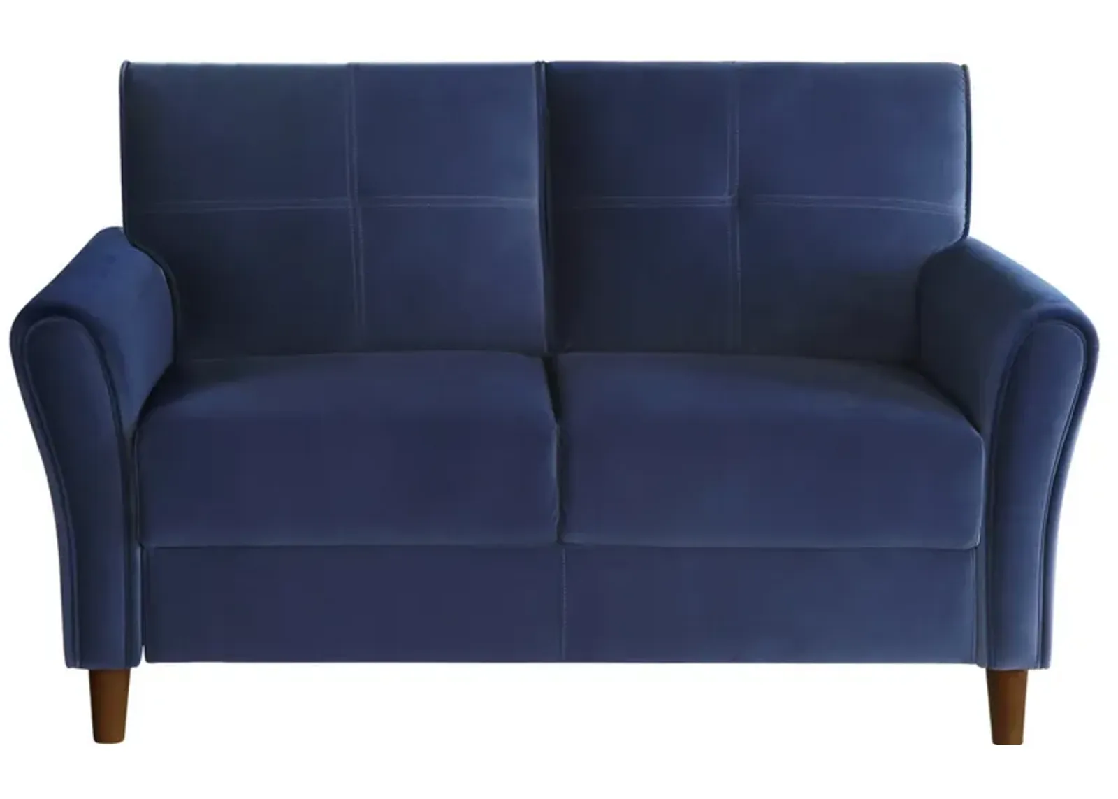 Sarah 57 Inch Loveseat, Blue Velvet, Stitch Tufting, Reversible Cushions - Benzara