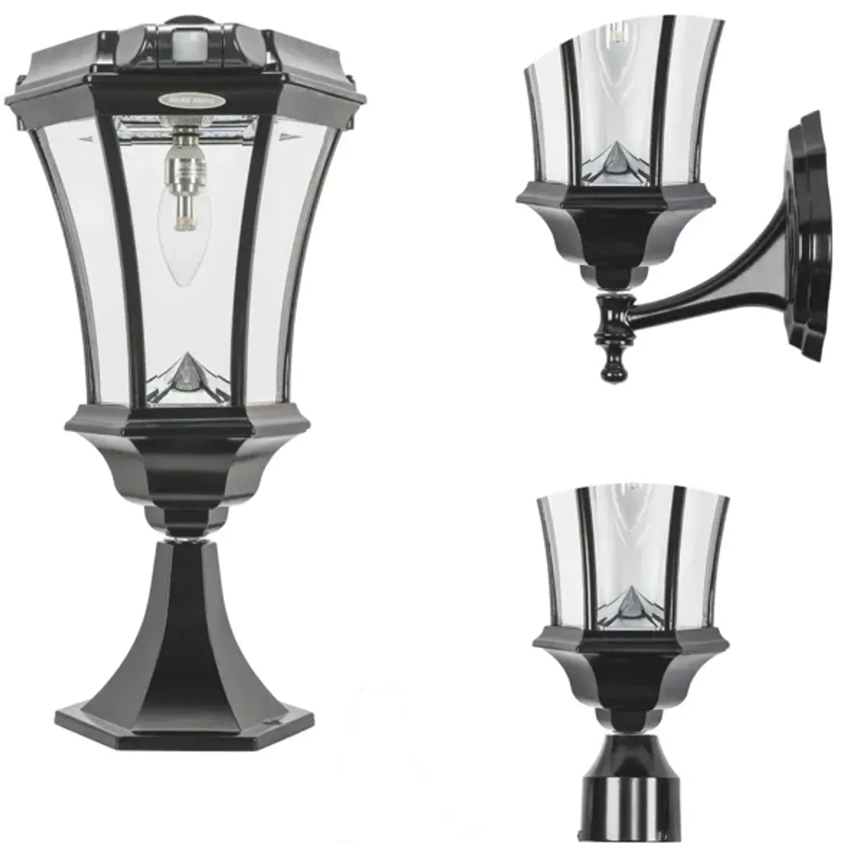 Victorian Bulb Solar Light w/Motion Sensor - Wall/Pier/3" Fitter Mounts - Black