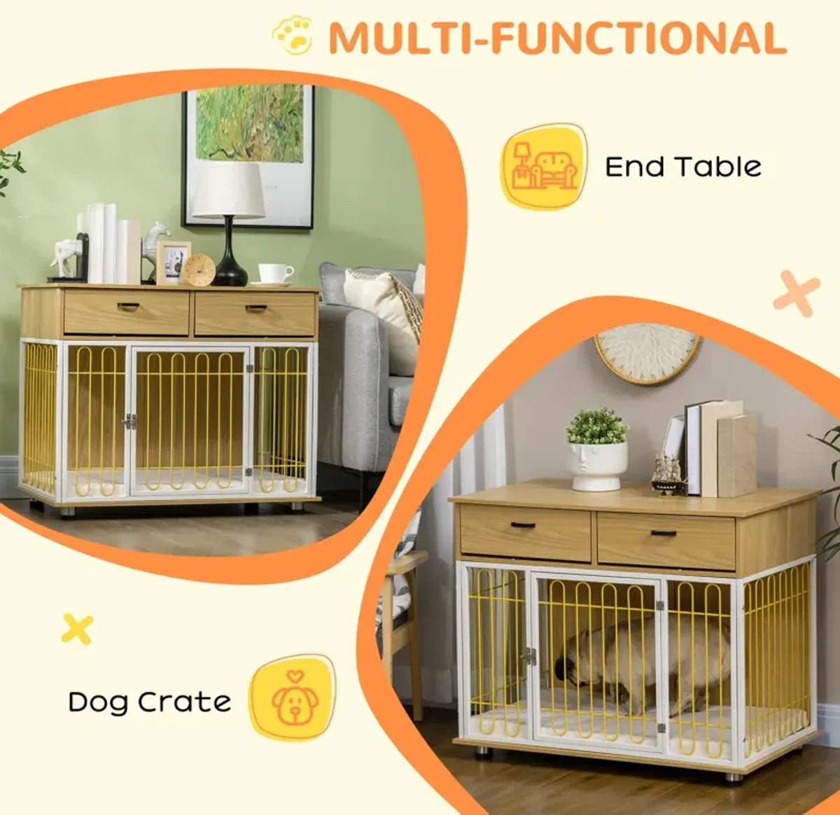 Oak Pet Furniture: Unique Dog Crate End Table with Drawers & Cushion