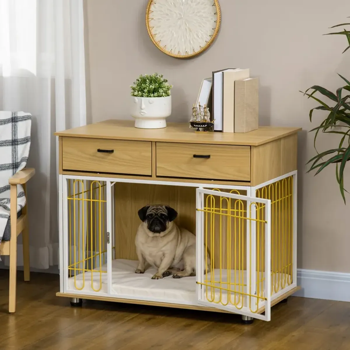 Oak Pet Furniture: Unique Dog Crate End Table with Drawers & Cushion