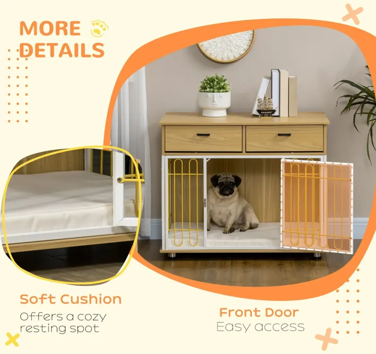 Oak Pet Furniture: Unique Dog Crate End Table with Drawers & Cushion