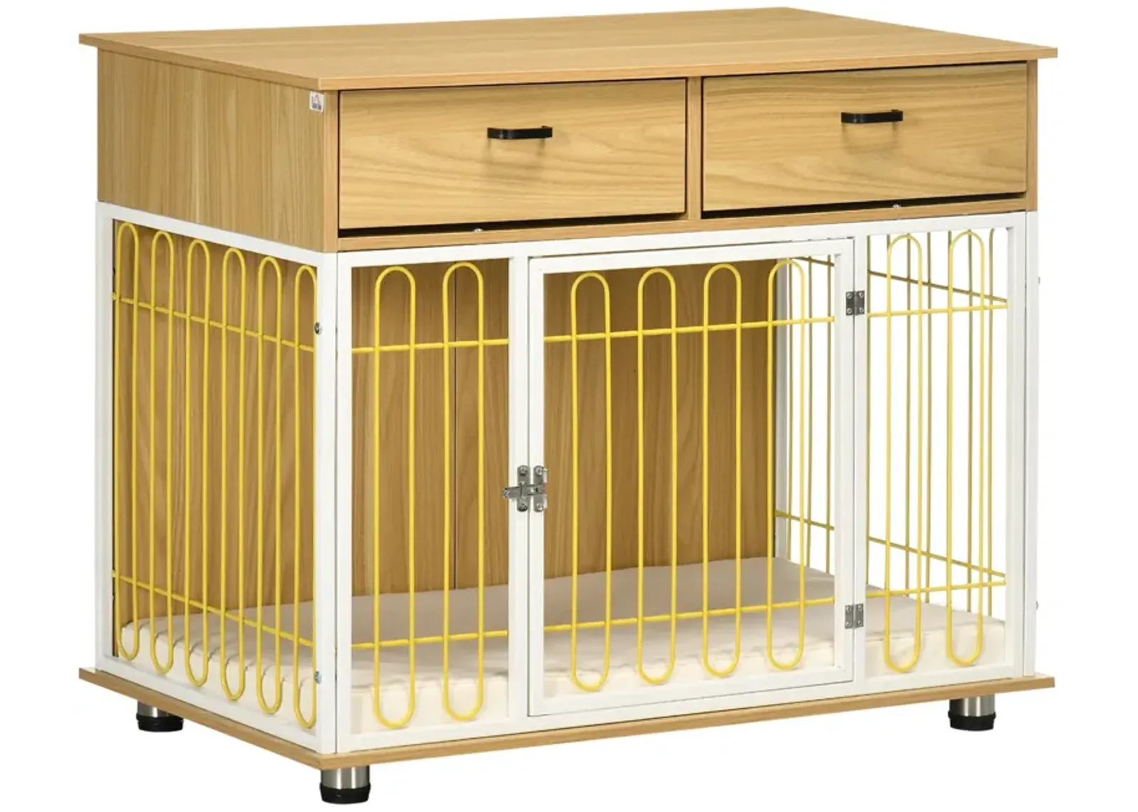 Oak Pet Furniture: Unique Dog Crate End Table with Drawers & Cushion