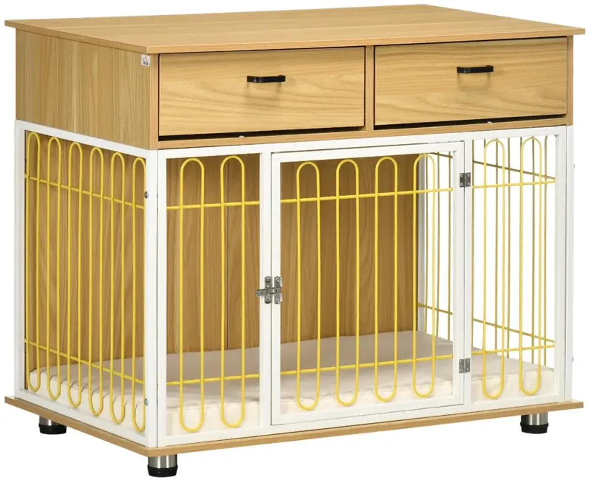 Oak Pet Furniture: Unique Dog Crate End Table with Drawers & Cushion