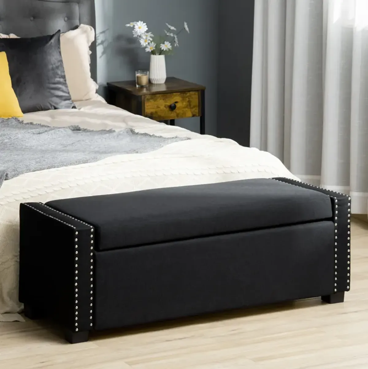 Dark Grey Storage Seat: Nailhead Trim Flip Top Ottoman Bench