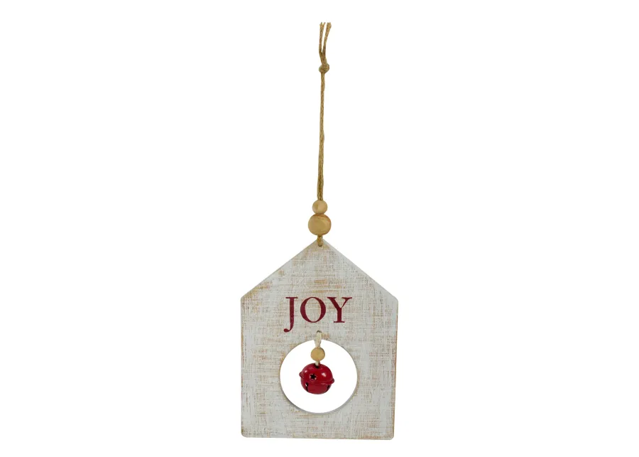 8" White Wooden "JOY" With Red Bell Christmas Ornament