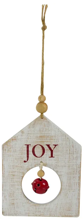 8" White Wooden "JOY" With Red Bell Christmas Ornament