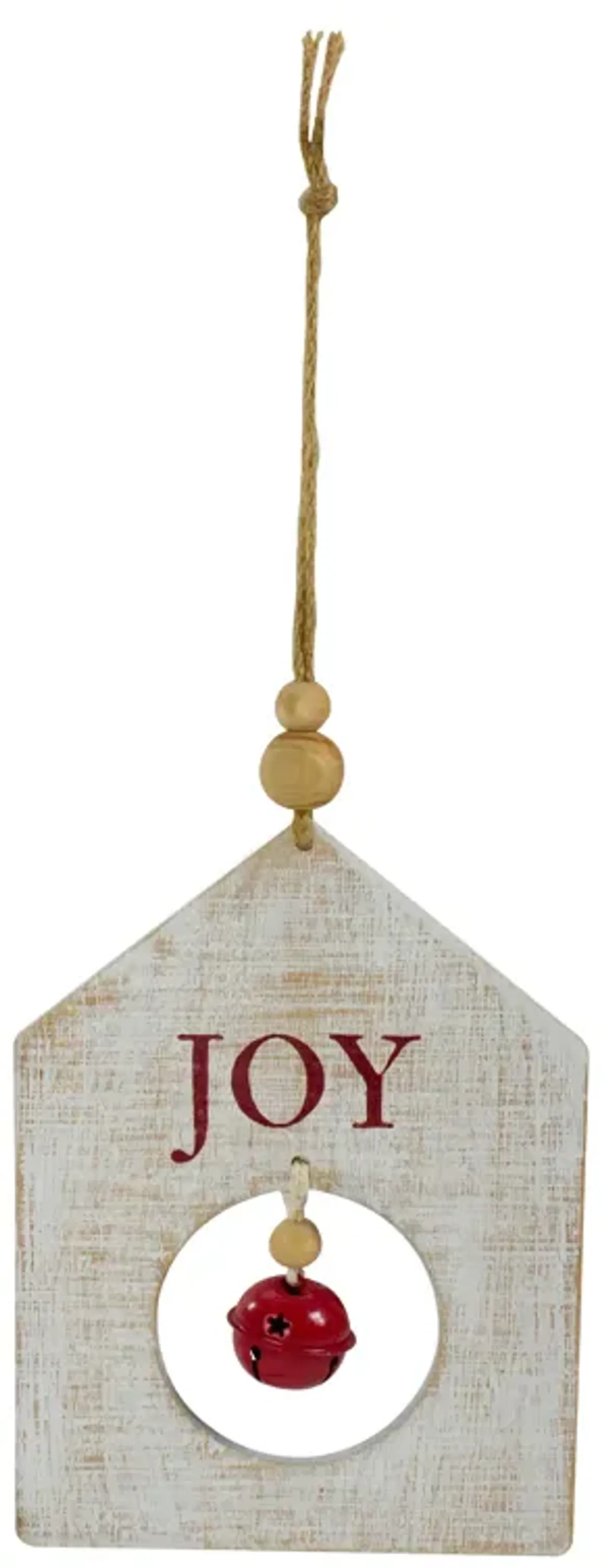 8" White Wooden "JOY" With Red Bell Christmas Ornament