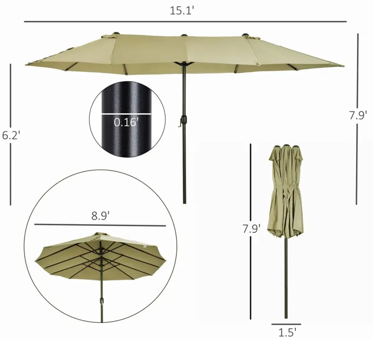 Tan Expansive Coverage: 15ft Double-Sided Patio Umbrella with Crank