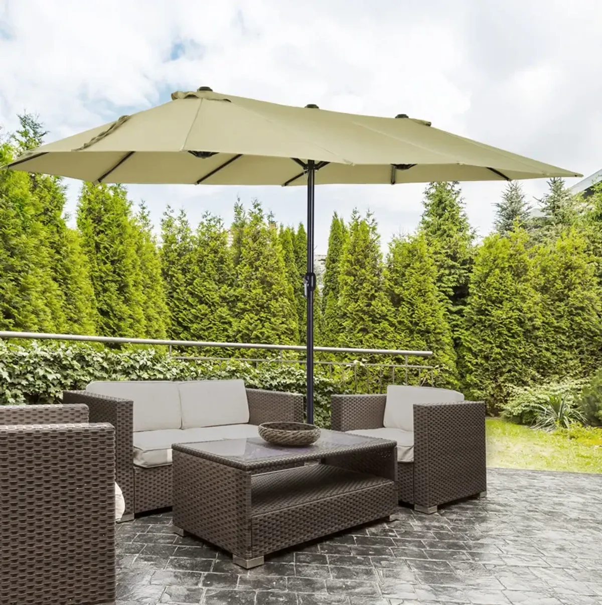 Tan Expansive Coverage: 15ft Double-Sided Patio Umbrella with Crank