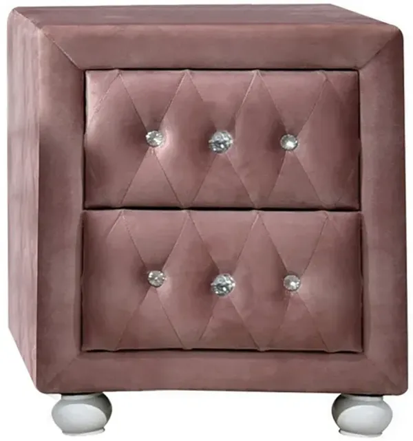 Rex 17 Inch Modern Upholstered Nightstand, 2 Drawer, Crystal Handles, Pink - Benzara
