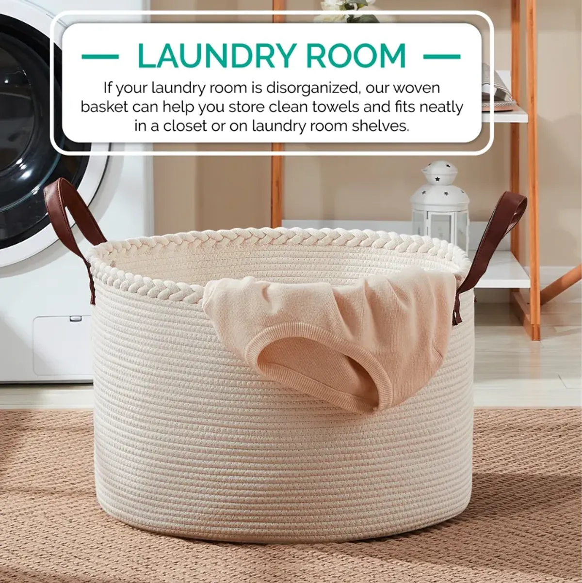 Extra Large Round Cotton Rope Storage Basket Laundry Hamper with Leather Handles