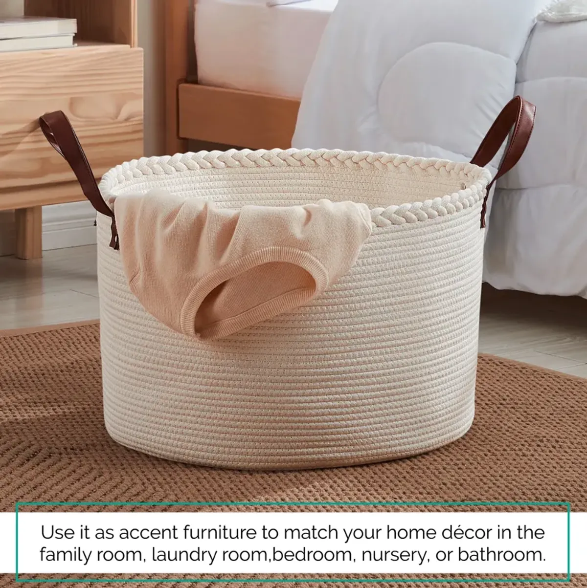 Extra Large Round Cotton Rope Storage Basket Laundry Hamper with Leather Handles