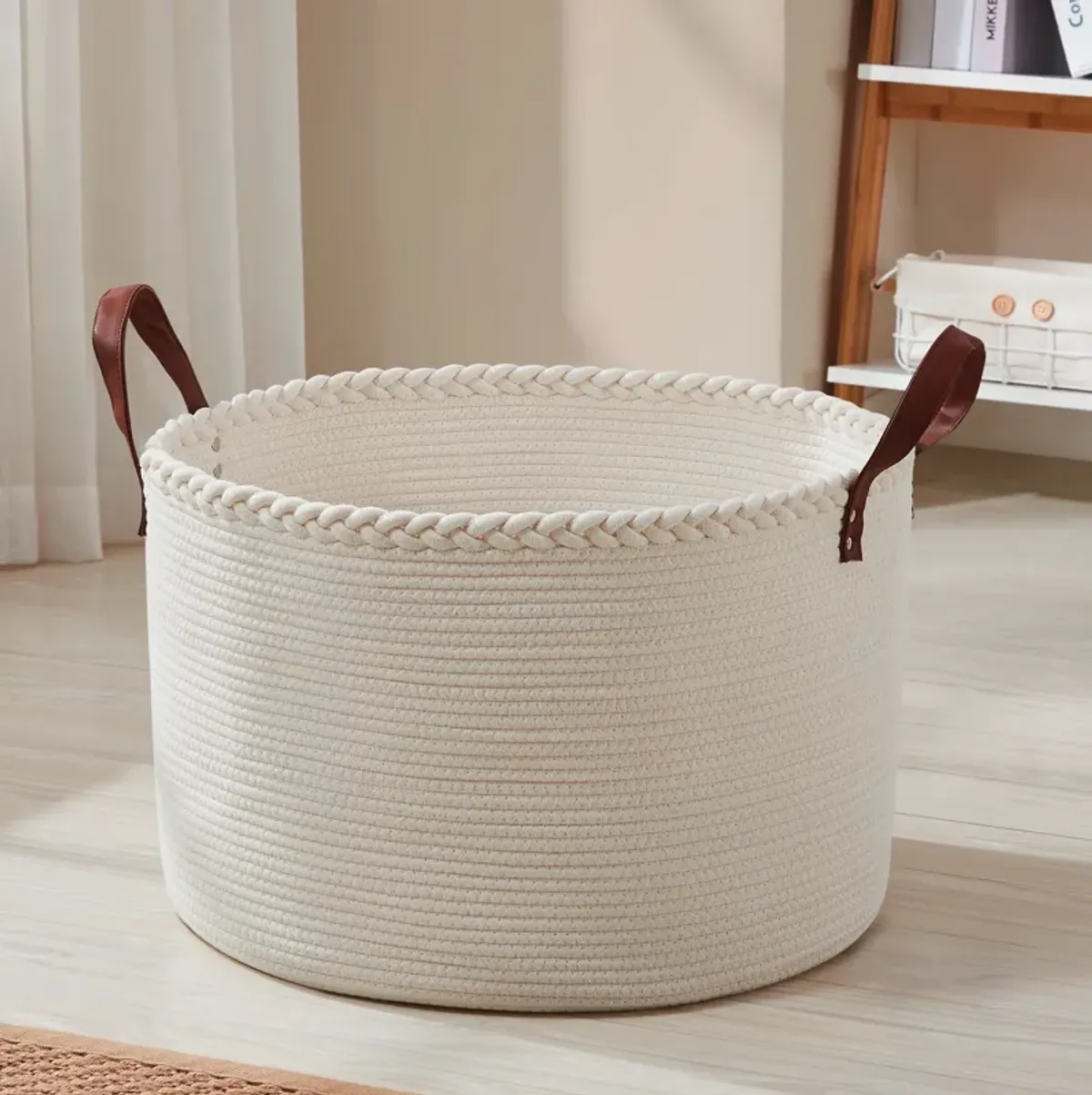 Extra Large Round Cotton Rope Storage Basket Laundry Hamper with Leather Handles