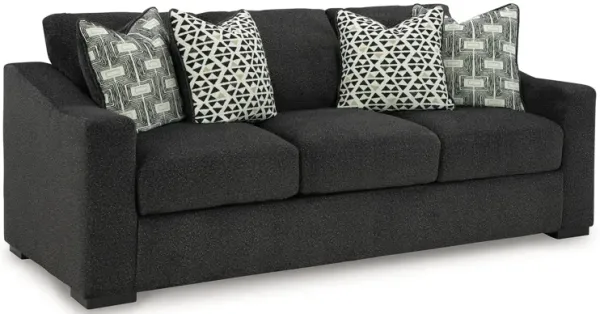 Wryen Sofa, Onyx Black Polyester, 4 Accent Throw Pillows, 93 Inch - Benzara