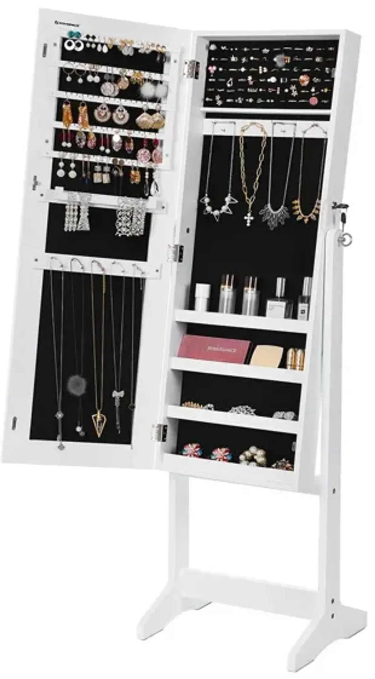 Full-Length Narrow Bezel Jewelry Cabinet Armoire with Lockable Organizer and Freestanding Design