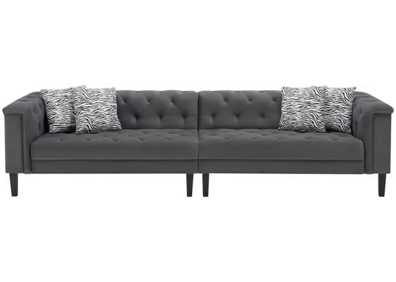 Aki 120 Inch Modern 4 Seater Sofa, Deep Button Tufting, Gray Velvet Fabric-Benzara