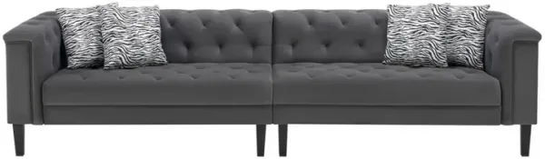 Aki 4 Seater Sofa, Deep Button Tufting, Gray Velvet Fabric-Benzara