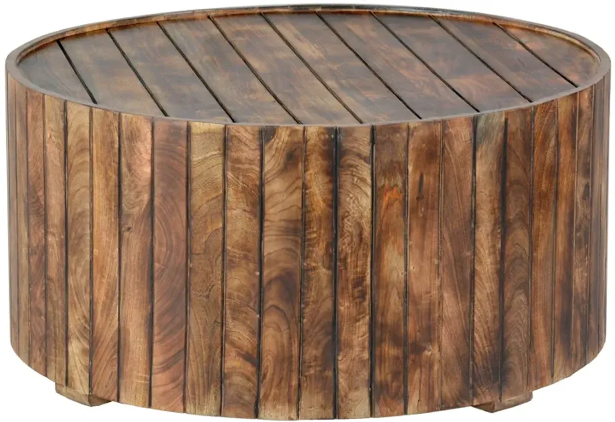 34 Inch Handmade Wooden Round Coffee Table with Plank Design, Burned Brown-Benzara